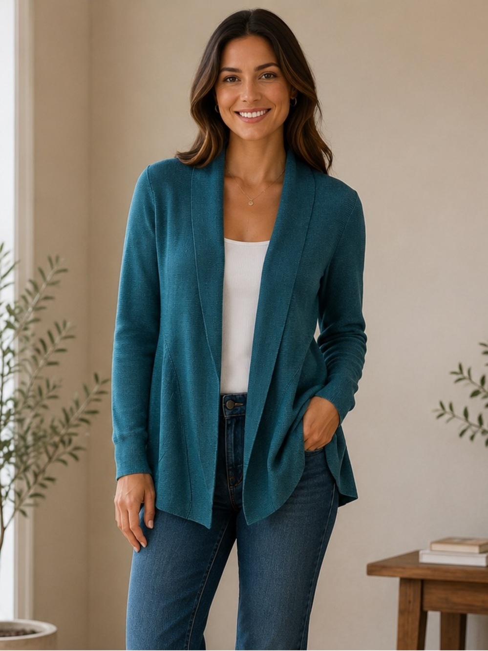 Eileen Fisher Women’s Small Teal 100% Merino Wool Long Wrap Cardigan Flawed